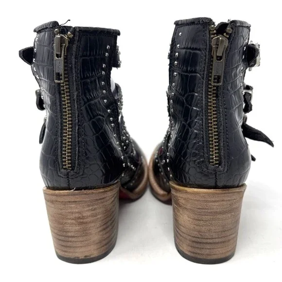 Freebird Felicity Strappy Studded Buckle Bootie Womens 8 Black Leather Red Sole - Picture 5 of 16